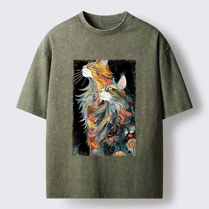 Japanese Style Abstract Two Cats Washed T-Shirt