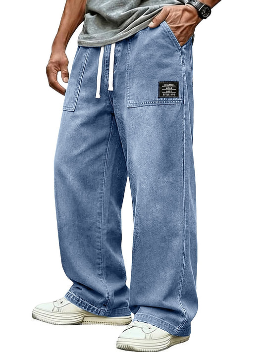 Washed Denim Drawstring Wide Leg Pants