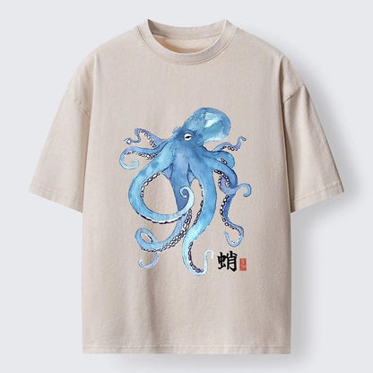 Japanese Style Blue Octopus Washed T-Shirt
