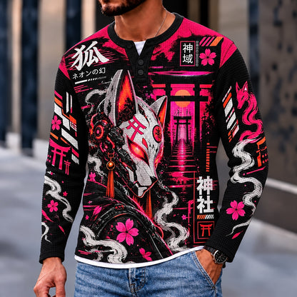 Kitsune Shrine Fox Mask Henley Long Sleeve T-Shirt