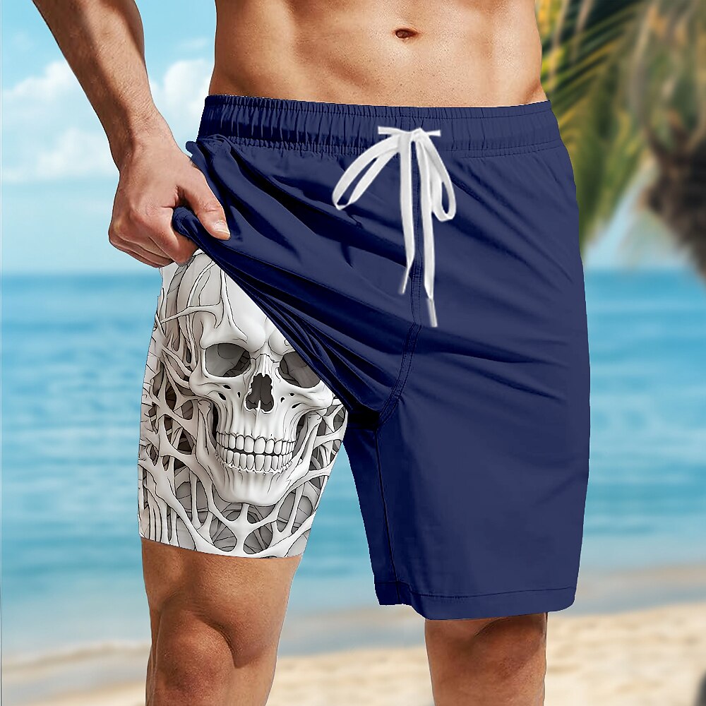 Men's White Skull Print Mid-Length Casual Lined Board Shorts