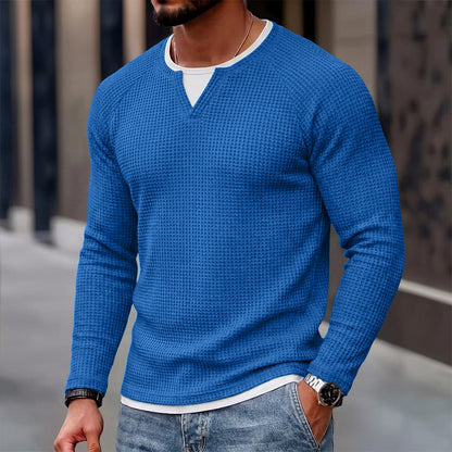 Layered Notch Neck Waffle Henley Long Sleeve T-Shirt