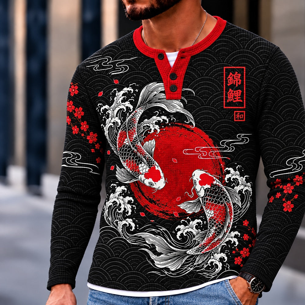 Twin Koi Red Sun Henley Long Sleeve T-Shirt