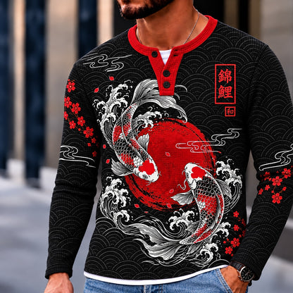 Twin Koi Red Sun Henley Long Sleeve T-Shirt