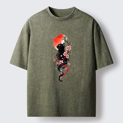 Japanese Style Cat Cherry Blossom Washed T-Shirt