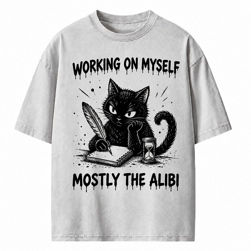Working on Myself Mostly the Alibi Cat Heavyweight T-Shirt