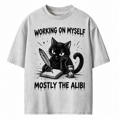 Working on Myself Mostly the Alibi Cat Heavyweight T-Shirt