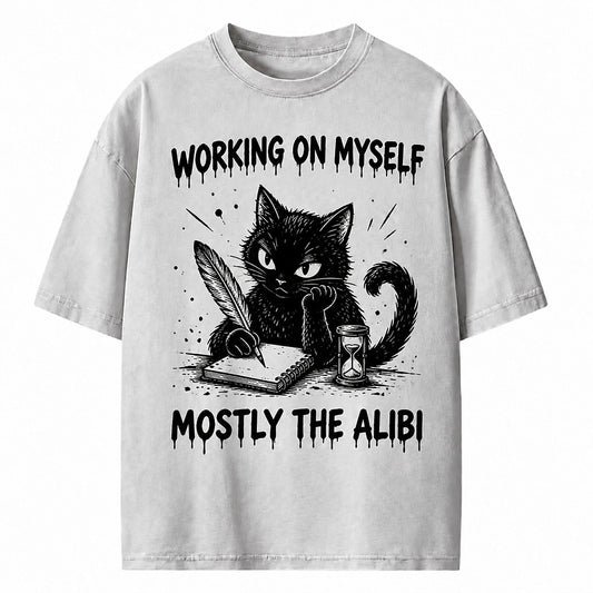 Working on Myself Mostly the Alibi Cat Heavyweight T-Shirt
