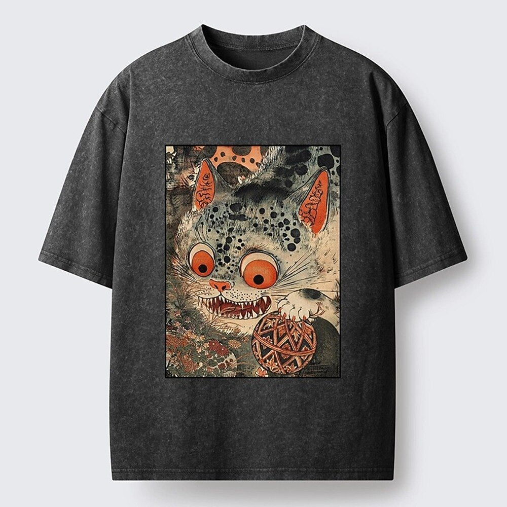 Japanese Style Cat Graphic Washed T-Shirt