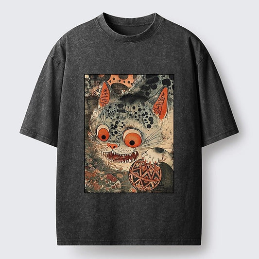 Japanese Style Cat Graphic Washed T-Shirt
