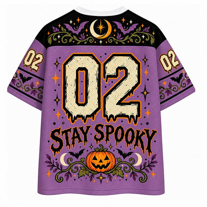 Stay Spooky Pumpkin Cat V-Neck Mesh Jersey