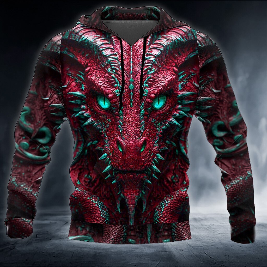 Men's Blue Dragon Print Long Sleeve Streetwear Zip Hoodie