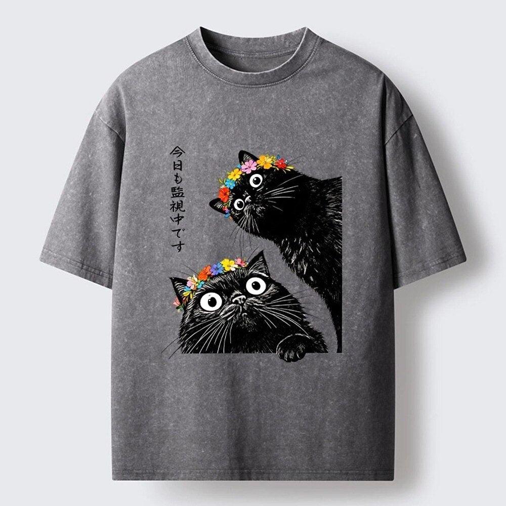 Japanese Style Black Cats Flower Crown Washed T-Shirt