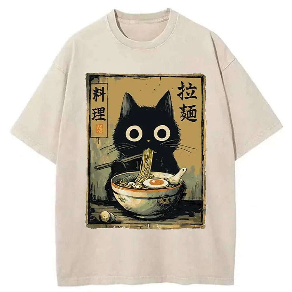 Men's Cat Graphic Washed Cotton T-Shirt