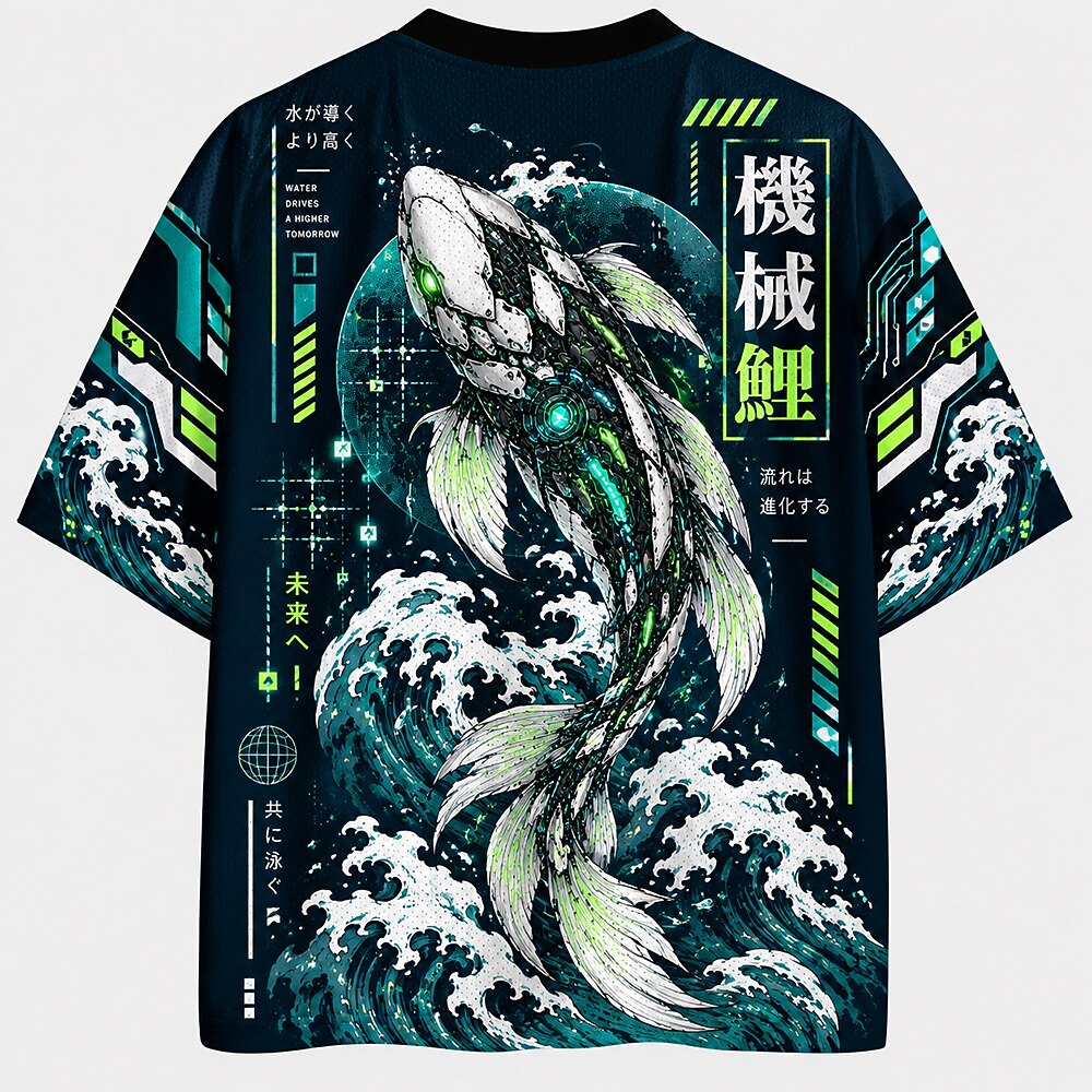 Men's Fish Kanji Graphic V-Neck Sports Jersey
