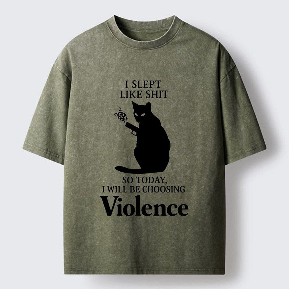 Japanese Style Choosing Violence Cat Washed T-Shirt