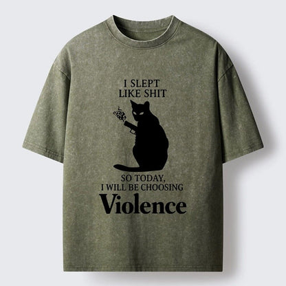 Japanese Style Choosing Violence Cat Washed T-Shirt