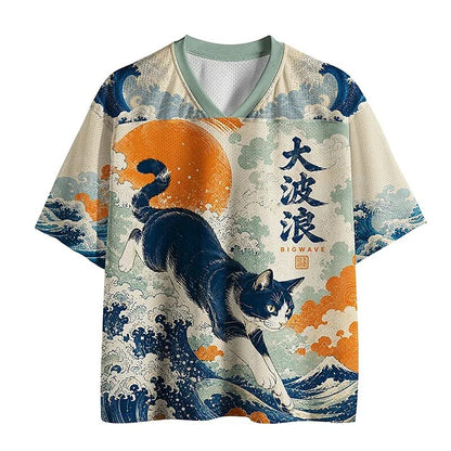 Men's Beige Cat Number Graphic Print Short Sleeve Sports Jersey T-Shirt
