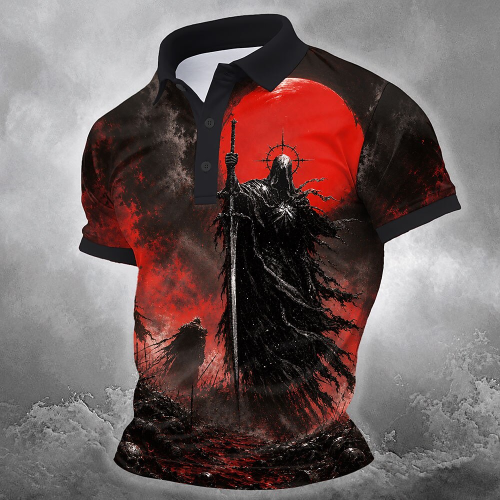 Men's Red Moon Knight Print Short Sleeve Gothic Polo Shirt