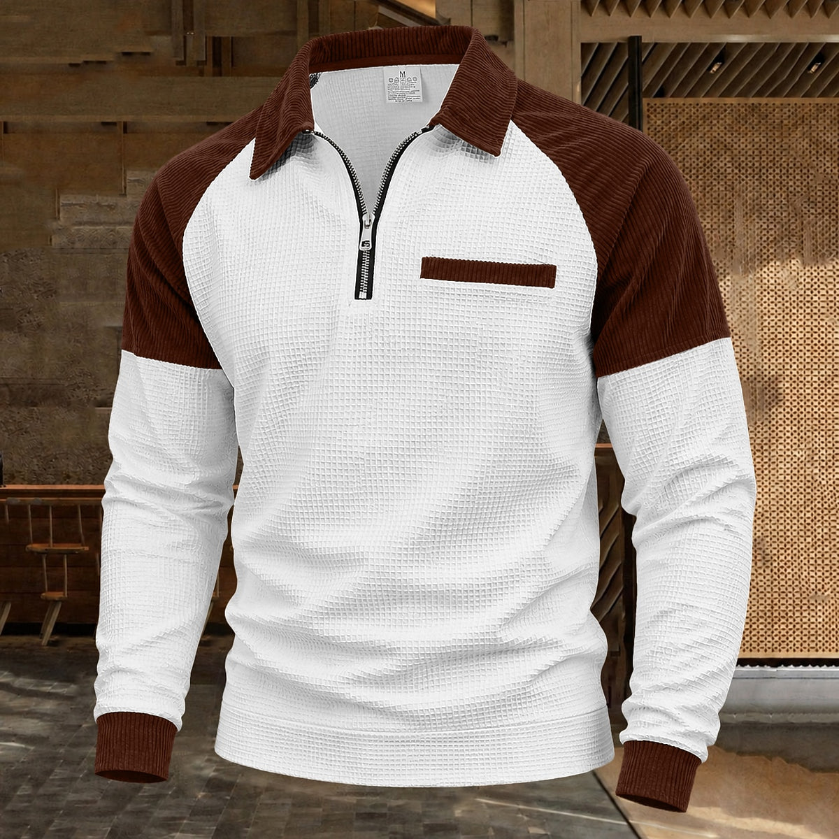 Contrast Shoulder Zip-Neck Waffle Polo