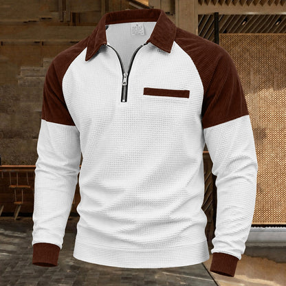 Contrast Shoulder Zip-Neck Waffle Polo