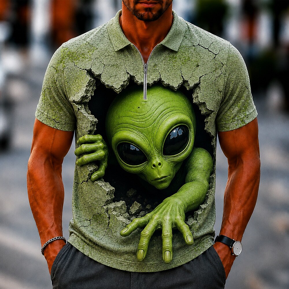 Men's Cool Alien Print Short Sleeve Sporty Zip Polo