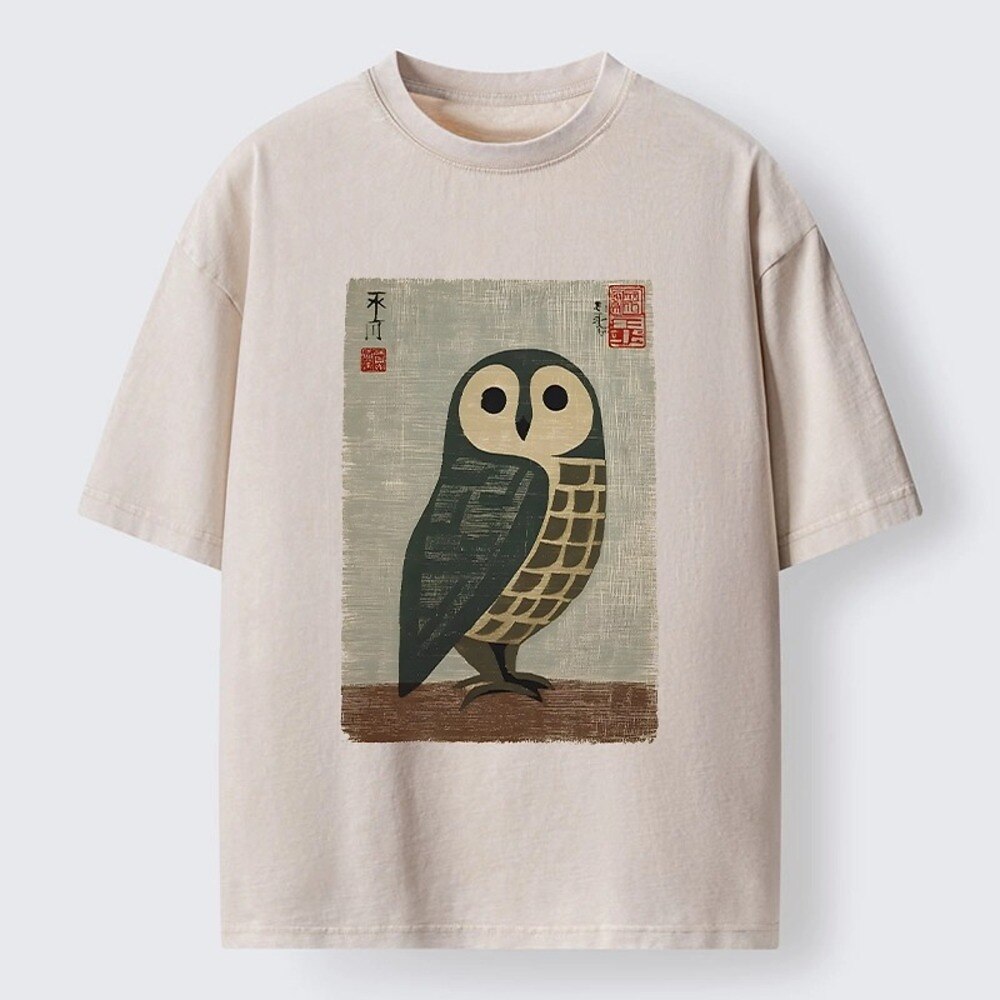 Japanese Style Owl Graphic Washed T-Shirt