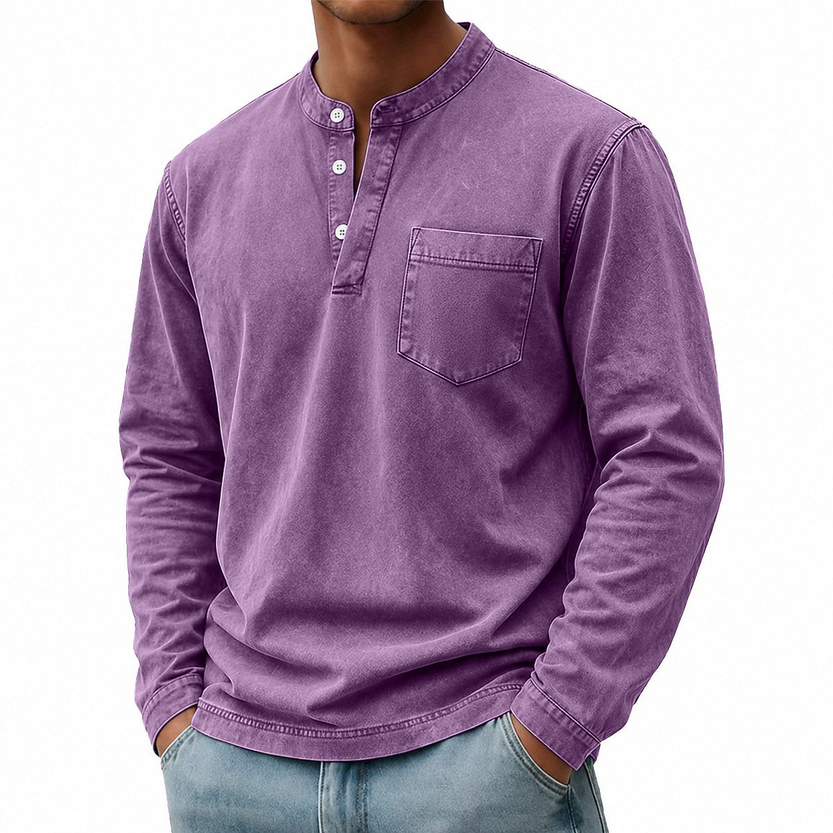 Washed Pocket Henley Long Sleeve T-Shirt