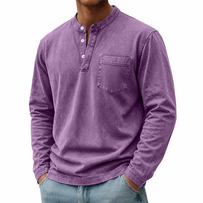 Washed Pocket Henley Long Sleeve T-Shirt