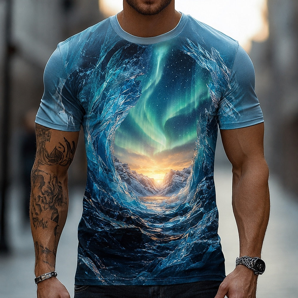 Men's Flaming Ocean Tunnel Print Short Sleeve Dark T-Shirt