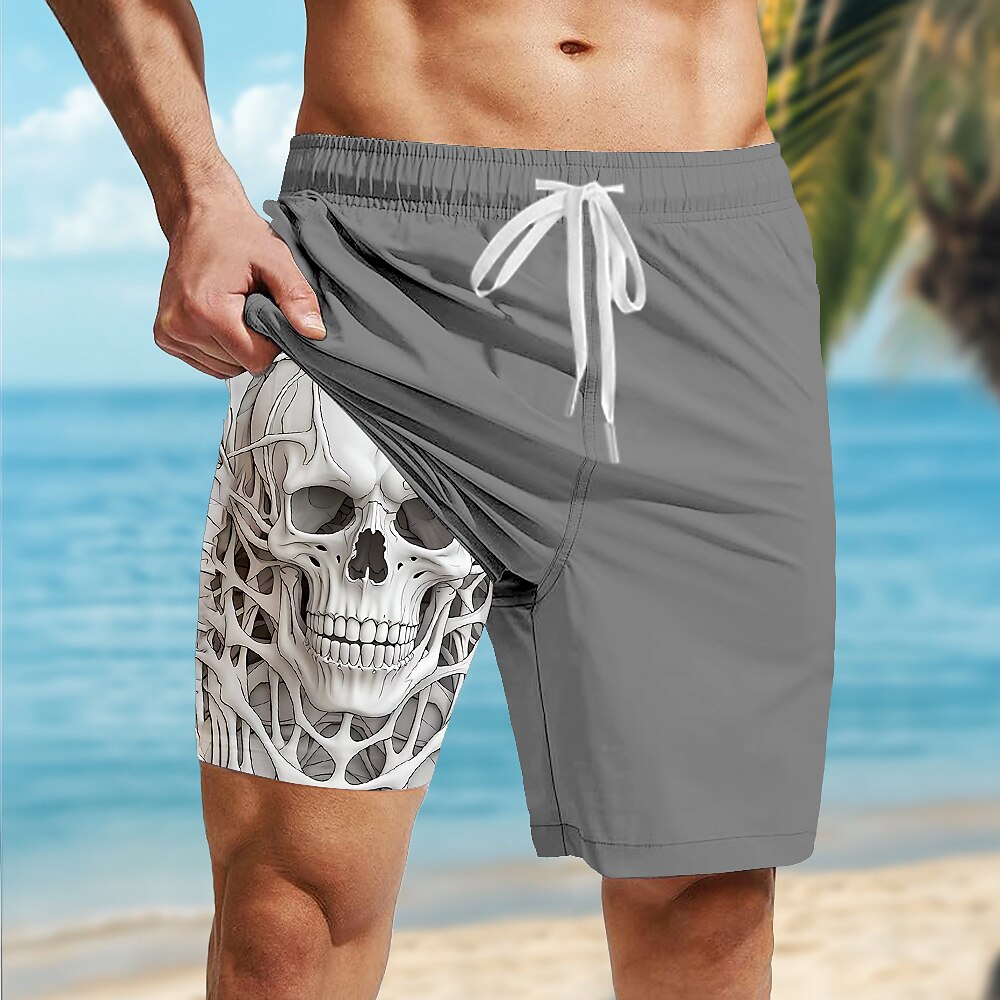 Men's White Skull Print Mid-Length Casual Lined Board Shorts