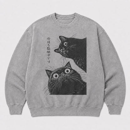 Men's Japanese Peeking Cats Graphic Washed Crew Neck Sweatshirt