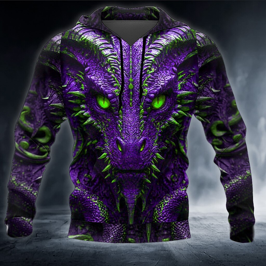 Men's Blue Dragon Print Long Sleeve Streetwear Zip Hoodie