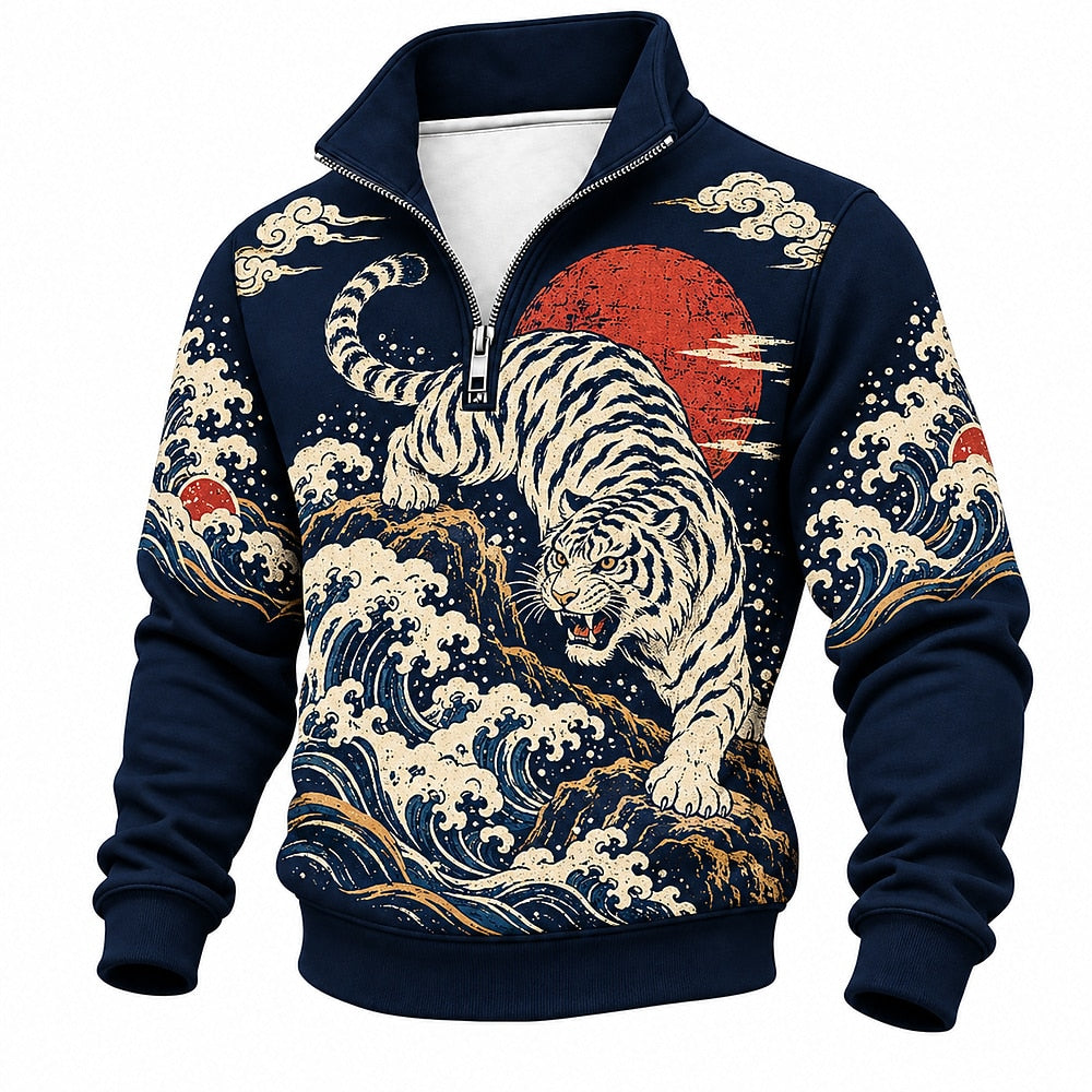 Red Sun Wave Tiger Half-Zip Sweatshirt