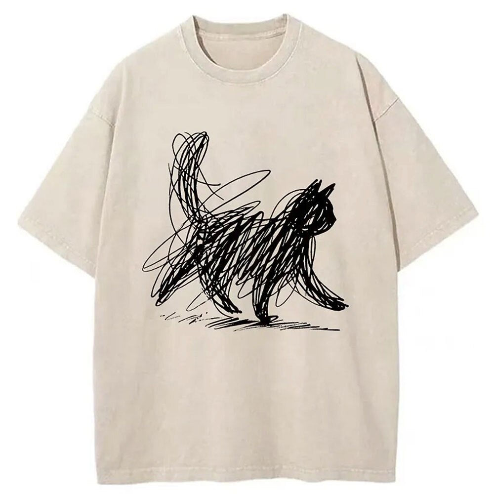 Men's Scribble Cat Graphic Washed Cotton T-Shirt