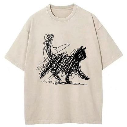 Men's Scribble Cat Graphic Washed Cotton T-Shirt