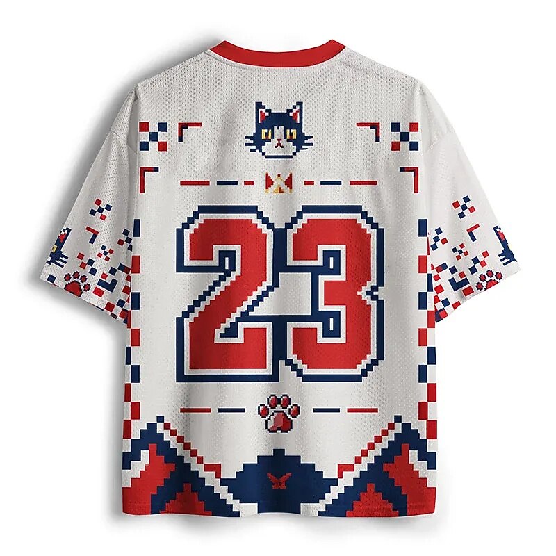 Men's White Cat Number Graphic Print Short Sleeve Sports Jersey T-Shirt