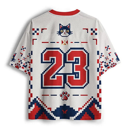Men's White Cat Number Graphic Print Short Sleeve Sports Jersey T-Shirt
