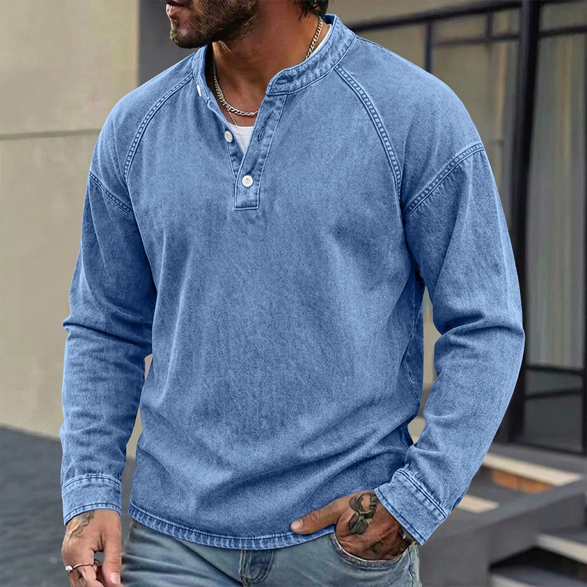 Washed Henley Long Sleeve T-Shirt