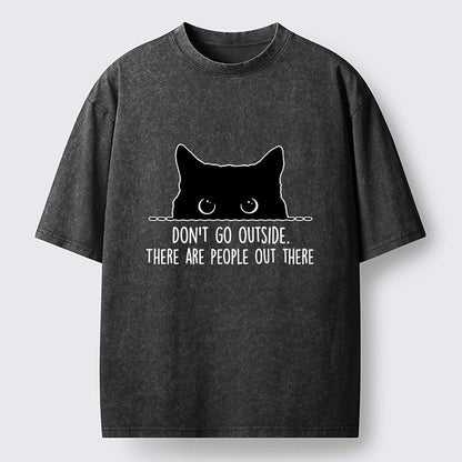 Japanese Style Peeking Cat Introvert Washed T-Shirt