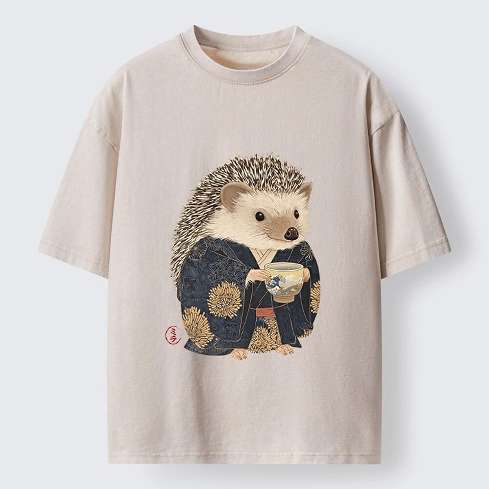 Japanese Style Hedgehog Tea Cup Washed T-Shirt