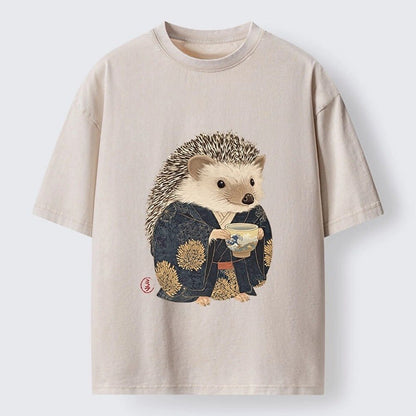 Japanese Style Hedgehog Tea Cup Washed T-Shirt