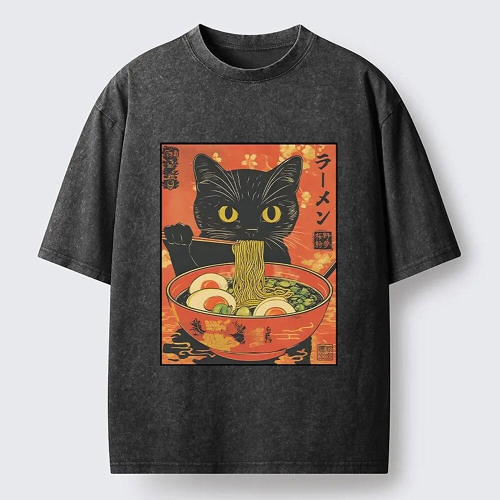 Men's Black Cat Ramen Graphic Washed Cotton T-Shirt