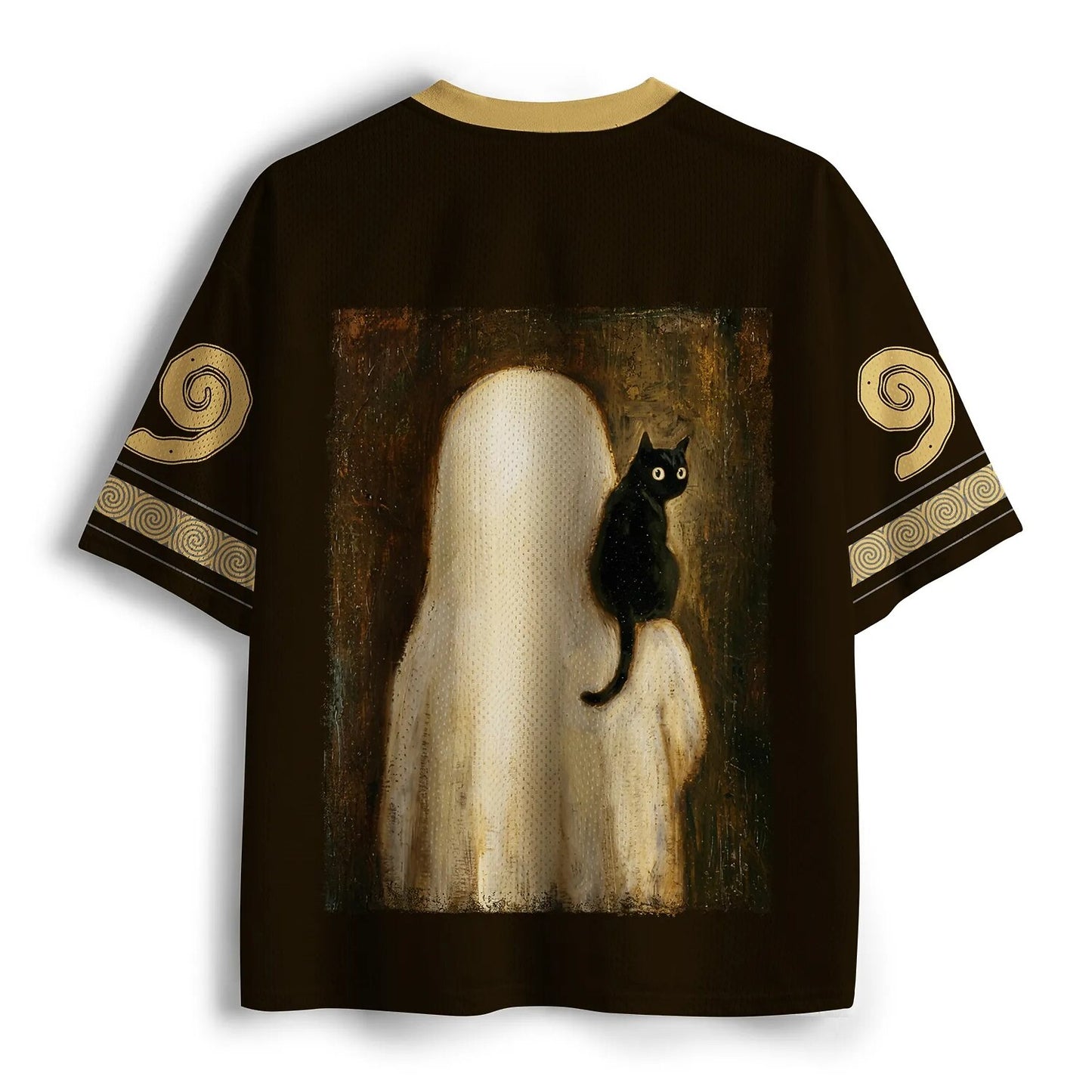 Men's Ghost Cat Coffee Print Short Sleeve Halloween Jersey T-Shirt