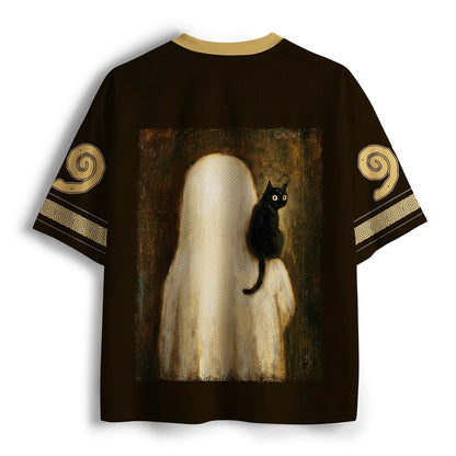 Men's Ghost Cat Coffee Print Short Sleeve Halloween Jersey T-Shirt