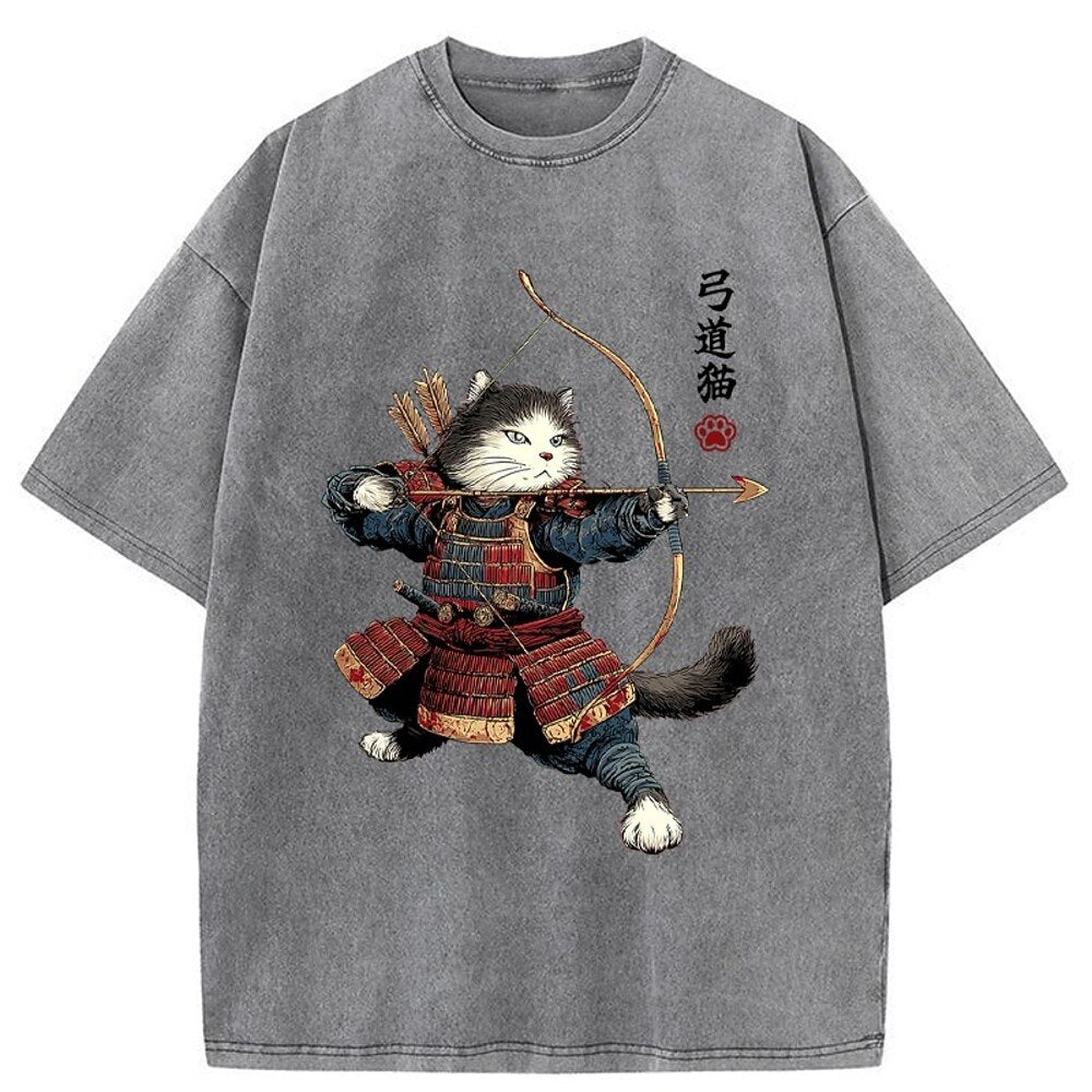 Japanese Style Samurai Cat Kyudo Washed T-Shirt