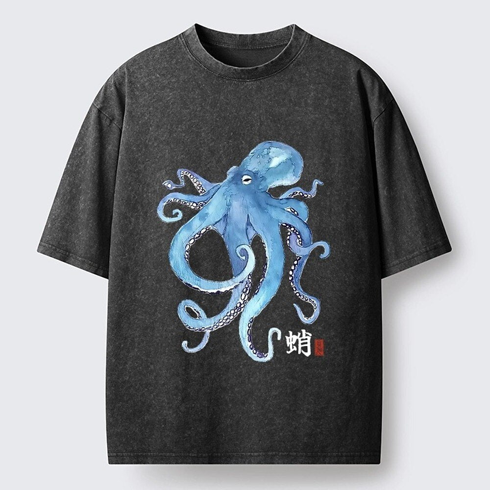 Japanese Style Blue Octopus Washed T-Shirt