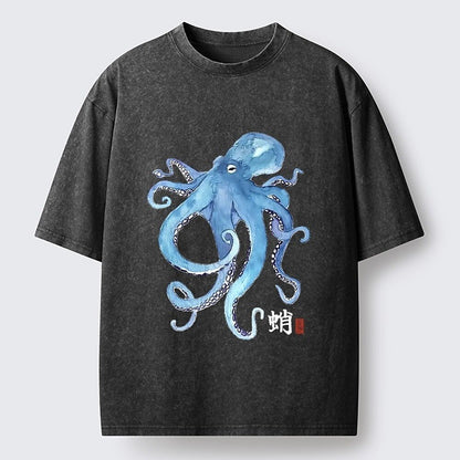 Japanese Style Blue Octopus Washed T-Shirt