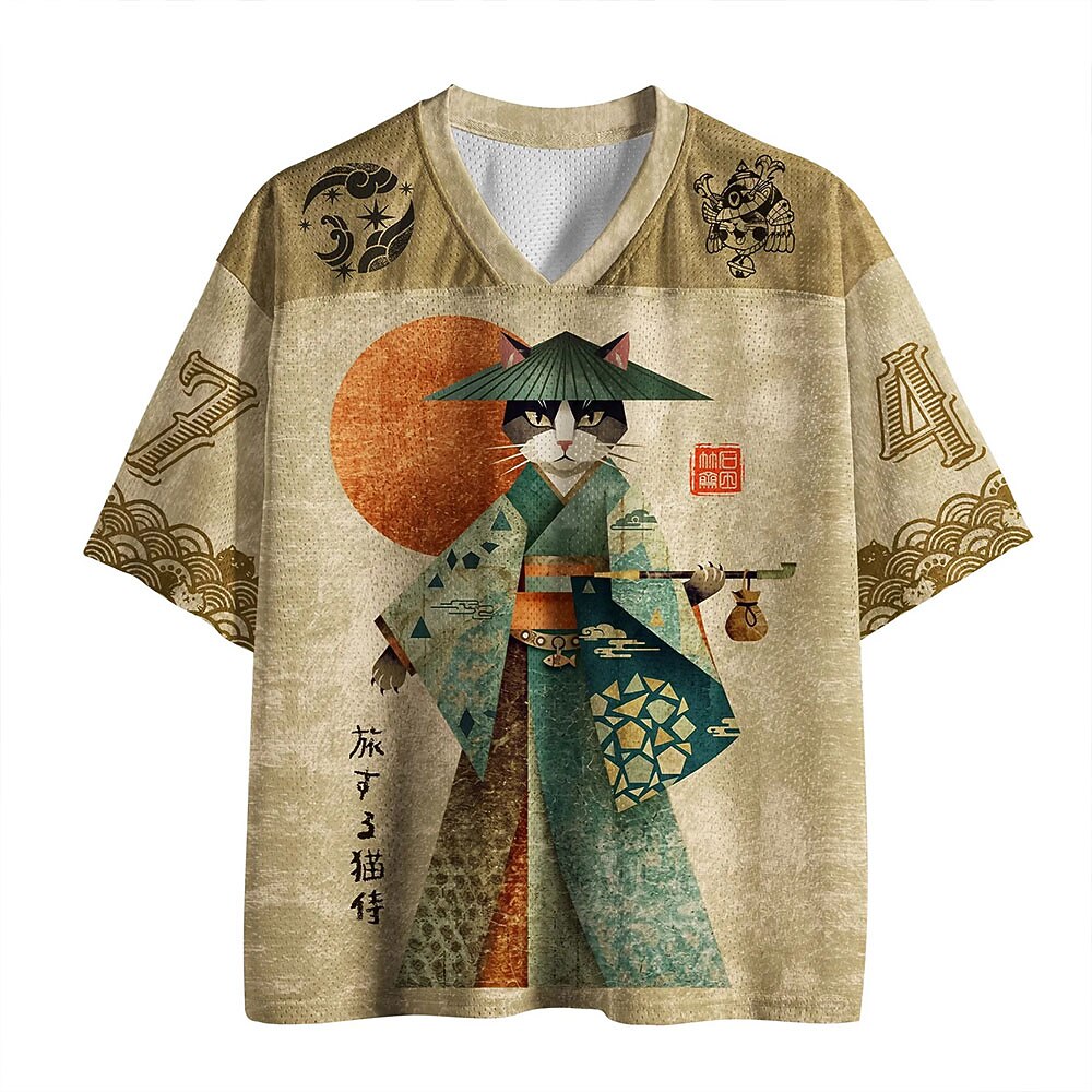 Men's Cat Graphic Print V-Neck Jersey