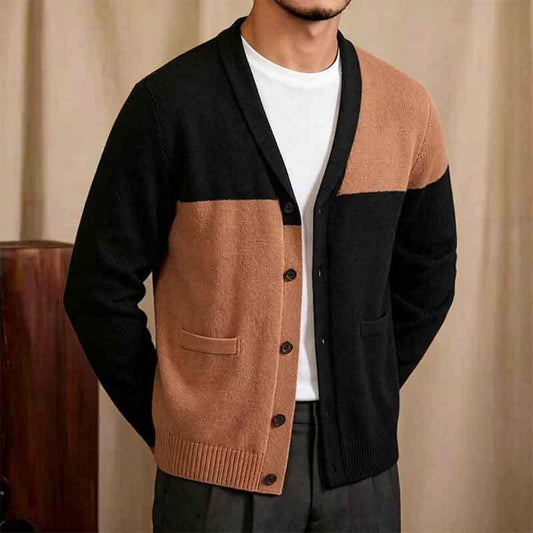 Offset Color-Block V-Neck Cardigan